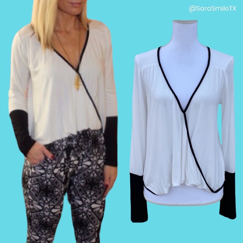 MITTOSHOP Black White Colorblock Monochrome Faux Wrap Long Sleeve Top - NWOT